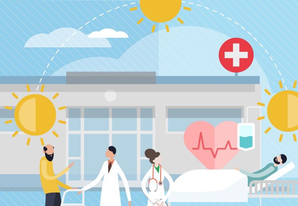 illustration showing patients being taken care of during different light levels during the day